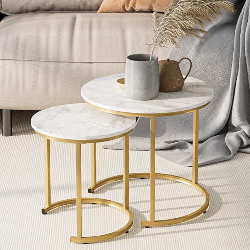 HEYZOEY Couchtisch Rund 2er Set, Wohnzimmertisch, Beistelltische Gold Metall, Kaffeetisch für Sofatisch, Wohnzimmer, Schlafzimmer, White Ink Gold HEYZOEY Couchtisch Rund 2er Set, Wohnzimmertisch, Beistelltische Gold Metall, Kaffeetisch für Sofatisch, Wohnzimmer, Schlafzimmer, White Ink Gold von HEYZOEY
