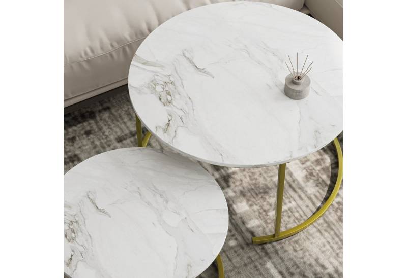 HEYZOEY Couchtisch Couchtisch Rund 2er Set, Wohnzimmertisch Gold Metall, Marmor Weiß (2er Set) von HEYZOEY