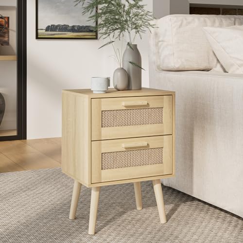 HEYZOEY Nachttisch Rattan, Beistelltisch mit Schublade, Nachtkommode mit Holz Beine für Schlafzimmer, Wohnzimmer, Natur Eiche (Doppeltes Unentschieden, Yellow) von HEYZOEY