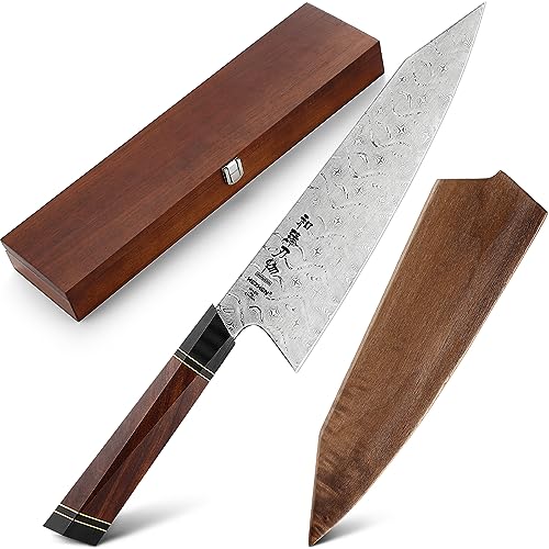 HEZHEN 21.5cm Kiritsuke Kochmesser 110 Lagen Volles Damaskus Stahl Küchenmesser Achteckiger Griff Multifunktionsmesser mit magnetischer Holzscheide und Holzkiste von HEZHEN