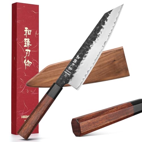 HEZHEN- 21,5CM Kiritsuke Messer,3 Schichten Verbundschmiedestahl Kochmesser,Professionelles japanisches Küchenmesser, Achteckiger Redwood-Griff Messerscheide aus Holz von HEZHEN