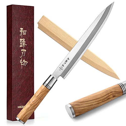 HEZHEN 240mm Sashimi Messer, Sushi Yanagiba Messer, Olivenholz Griff Messerkoffer aus Holz von HEZHEN