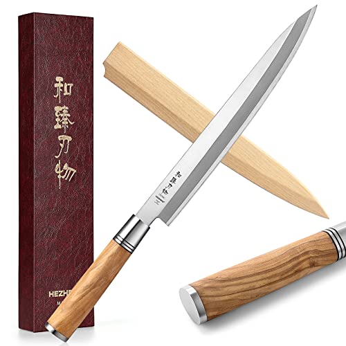 HEZHEN- 270mm Yanagiba-Messer,Japanischer Stil Schmieden von Stahl Sashimi-Messer,Sushi-Messer Filetiermesser,D-förmiger Griff aus Olivenholz Messerscheide aus Holz von HEZHEN