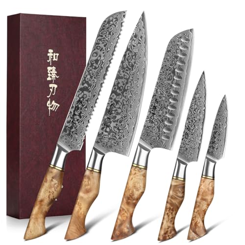 HEZHEN Damast Messer Set 5PCS, Japanischen Stil Damaskus Stahl Küchenmesser Santoku, Brot Universalmesser Schälmesser, Holzgriff von HEZHEN