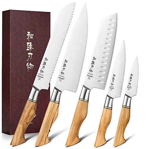 HEZHEN 5-teiliges Küchenmesser-Set-Langlebig, 14C28N Sandvik-Stahl-Edelstahl-Kochmesser Allzweckmesser Santoku-Messer-Olivenholzgriff-Porzellan-Geschenkpaket von HEZHEN