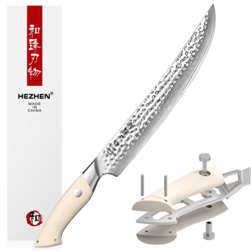 HEZHEN 67 Lagen Damaststahl Tranchiermesser, Fleischmesser Hackmesser Schneidemesser Vorschneidemesser Tranchierbesteck,Türkei BBQ Grillen, Elfenbeinweißer G10 Griff von HEZHEN