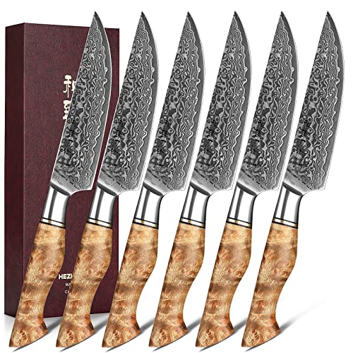 HEZHEN 6PCS Damaskus-Steakmesser Küchenmesser-Set Professionelles geschmiedetes mit hohem Kohlenstoffstahl Gemusterter Bergahorn Holzgriff-Porzellan-Geschenkpaket von HEZHEN