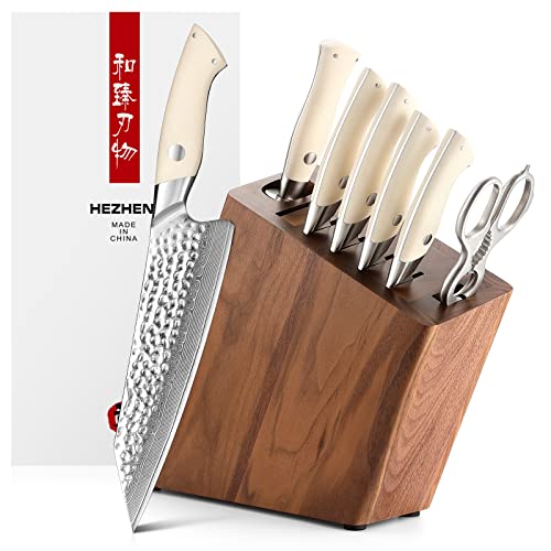 HEZHEN Damast Messerblock Set 8-Teilig, Profi Küchen Messerset, Damaszener Stahl Kochmesser Set Santoku, Küchenschere aus Edelstahl Messerschärfer, Messerhalter aus Holz von HEZHEN