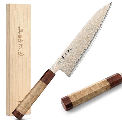 HEZHEN Damast Kochmesser aus Kupfer Damaststahl, 33 Schichten Tricolor Kupfer Damastmesser, Profi Damast Küchenmesser Achteckiger Griff von HEZHEN