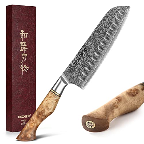 HEZHEN Damast Santoku Messer, Asiatisches Küchenmesser Japanischer Stil, Figaro Bergahorn Holzgriff von HEZHEN