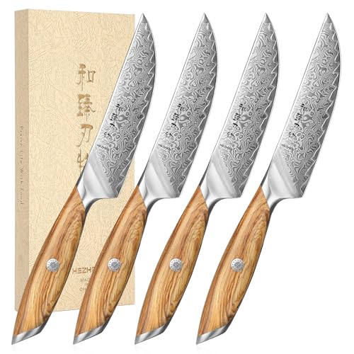 HEZHEN Damaszener Steakmesser Set, 73 Lagen Damaszener Stahl Steakmesser Ohne Wellenschliff Tafelmesser, Full Tang Holzgriff von HEZHEN