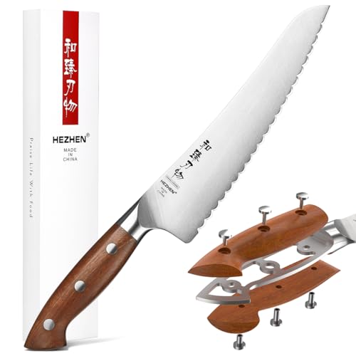 HEZHEN German Stahl Gefriergut Messer Gezahnte Klinge, Profi Küchenmesser für Gefrorenes Fleisch und Fisch, Holzgriff aus Redwood von HEZHEN