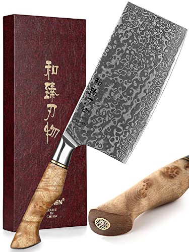 HEZHEN Küche Gemüse Fleischbeil Chinesischer Koch Kochmesser 17.3cm-Metzgermesser 67-Lagig Damaskus Stahl Geschmiedet Scharfe Fleischwolf Messer-rutschfeste Holzgriff + Geschenkbox von HEZHEN