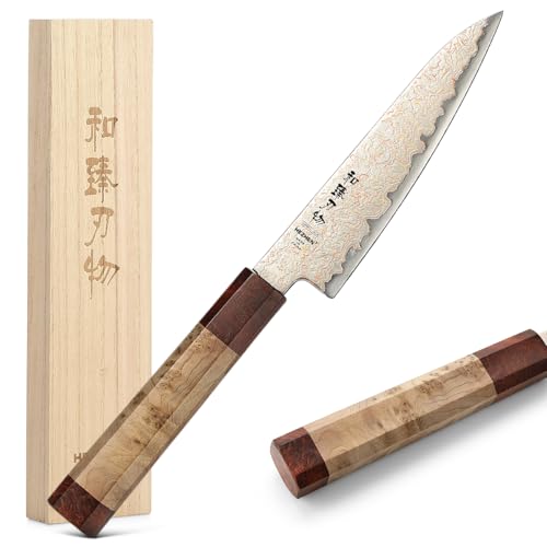 HEZHEN Kupfer Damaststahl Universal Messer，Damaskus Schälmesser Multifunktionales Obstmesser, Achteckiger Griff aus Figaro Bergahorn Holz+ Padauk-Maserholz von HEZHEN