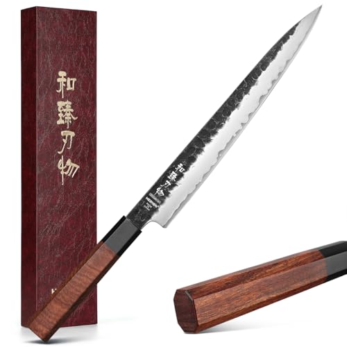 HEZHEN Scharfes Fleischmesser aus Verkleideter Stahl, Handgeschmiedetes Tranchiermesser Schinkenmesser für Fleisch BBQ Grill, Achteckiger Redwood-Griff von HEZHEN