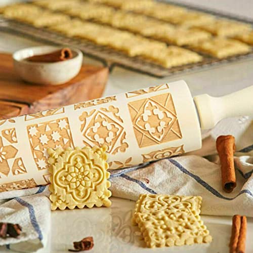 HEZHU Weihnachten Teigroller Präge Nudelholz Graviert 3D Nudelholz Muster PräGerolle Holz PräGung Teigausroller für Weihnachten DIY Küche Lebkuchen Plätzchen (Window grilles-39cm) von HEZHU