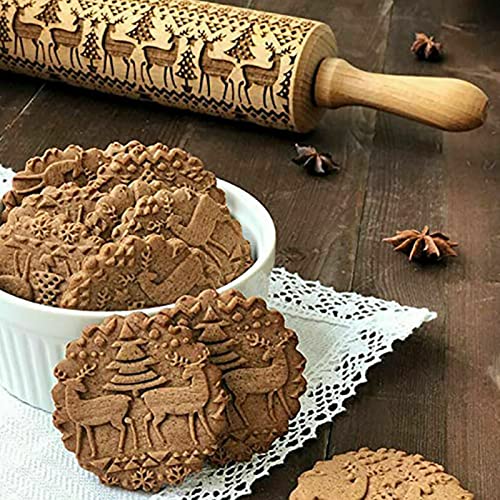 HEZHU Weihnachten Teigroller Präge Nudelholz Graviert 3D Nudelholz Muster PräGerolle Holz PräGung Teigausroller für Weihnachten DIY Küche Lebkuchen Plätzchen (deer-45cm) von HEZHU