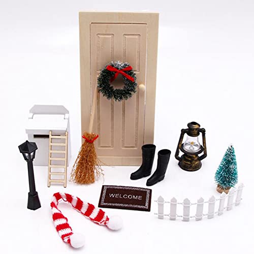 HEZHU Wichteltür Weihnachten Set Miniatur Wichtel Set Weihnachtsbaum Dekokranz Holzleiter Wichtel Tür Nissedor Wichteltür Wichtelset Zwergentür Briefkasten Weihnachten (A) von HEZHU