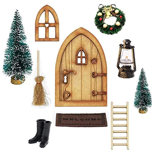 HEZHU Wichteltür Weihnachten Set Miniatur Wichtel Set Weihnachtsbaum Dekokranz Holzleiter Wichtel Tür Nissedor Wichteltür Wichtelset Zwergentür Briefkasten Weihnachten (D) von HEZHU