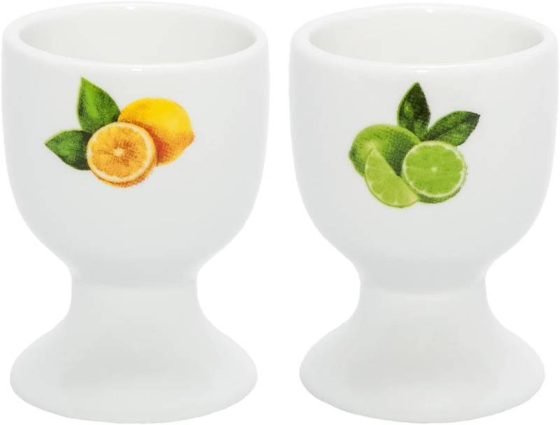 HF Home Flair Eierbecher Home-Flair 2er Set hochwertige Porzellan Eierbecher (Zitrus-Muster), (2-tlg), weiße Eierhalter aus Porzellan von HF Home Flair