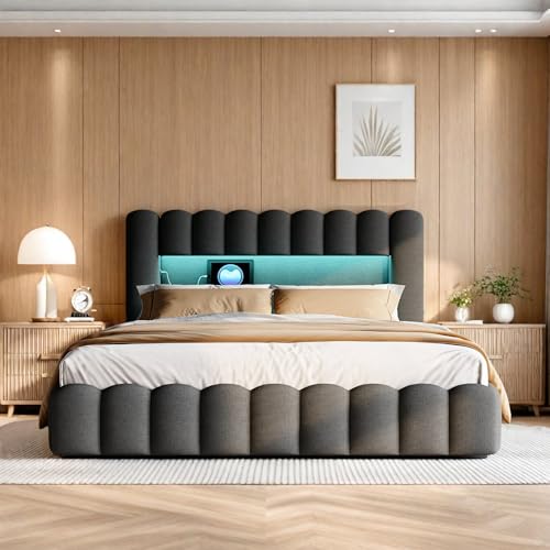 Bubble Bett 140x200 Mit Bettkasten, Polsterbett Doppelbett Mit Hydraulisch Stauraum, Stauraumbett Mit LED Und USB Ladefunktion, Jugendbett Bettgestell Mit Lattenrost, Leinen, Ohne Matratze, Grau Bubble Bett 140x200 Mit Bettkasten, Polsterbett Doppelbett Mit Hydraulisch Stauraum, Stauraumbett Mit LED Und USB Ladefunktion, Jugendbett Bettgestell Mit Lattenrost, Leinen, Ohne Matratze, Grau von HFASD