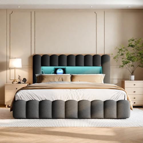 Bubble Bett 160x200 Mit Bettkasten, Polsterbett Doppelbett Mit Hydraulisch Stauraum, Stauraumbett Mit LED Und USB Ladefunktion, Jugendbett Bettgestell Mit Lattenrost, Leinen, Ohne Matratze, Grau Bubble Bett 160x200 Mit Bettkasten, Polsterbett Doppelbett Mit Hydraulisch Stauraum, Stauraumbett Mit LED Und USB Ladefunktion, Jugendbett Bettgestell Mit Lattenrost, Leinen, Ohne Matratze, Grau von HFASD