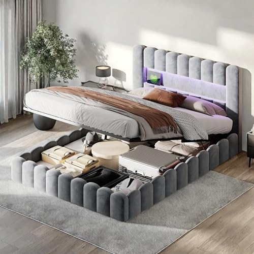HFASD Bubble Bett 180x200 Mit Bettkasten, Polsterbett Doppelbett Mit Hydraulisch Stauraum, Stauraumbett Mit LED Und USB Ladefunktion, Jugendbett Bettgestell Mit Lattenrost, Samt, Ohne Matratze,Grau HFASD Bubble Bett 180x200 Mit Bettkasten, Polsterbett Doppelbett Mit Hydraulisch Stauraum, Stauraumbett Mit LED Und USB Ladefunktion, Jugendbett Bettgestell Mit Lattenrost, Samt, Ohne Matratze,Grau von HFASD