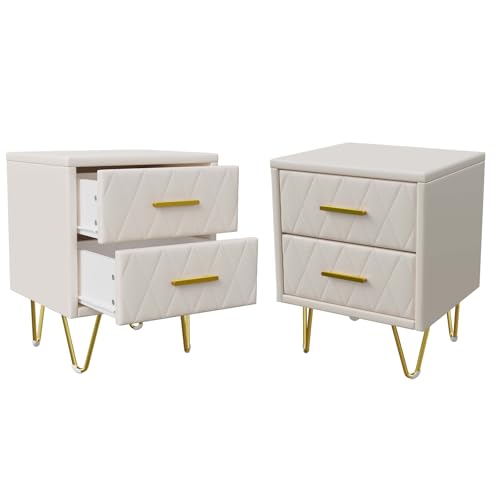HFASD Nachttisch 2er Set, Nachttisch Gepolstert Mit 2 Schubladen, Nachtschrank Schmal Mit Goldenen Metallbeinen Und Griffen, Modern Nachtkommode Beistelltisch Für Wohnzimmer Schlafzimmer (Beige) von HFASD