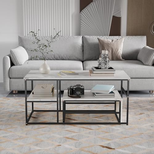 Satztische 2er Set, Couchtisch Rechteckig Im Marmoroptik Mit Metallrahmen, Wohnzimmertisch Mit Stauraum Modern, Coffee Table Sofatisch Beistelltische Fürs Wohnzimmer Balkon Büro,Schwarz,105x52x48.5cm von HFASD