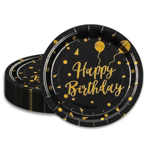 50 Stück Pappteller schwarz gold, 18cm Pappteller Geburtstagspartygeschirr Partygeschirr Partyteller für Geburtstag Party Abschlussfeier, Jubiläums, Valentinstag (Geburtstag Pappteller schwarz) von HFBOBP