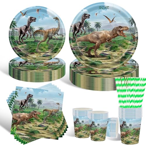 Geburtstagsdeko Partygeschirr Set, 10 Gäste Dinosaurier Teller Set, Partygeschirr Set Mit Pappteller Und Becher Servietten Kindergeburtstag Partyzubehör für Geburtstag Deko Junge Mädchen Motto Party von HFBOBP