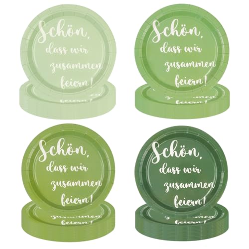 HFBOBP 48 Stück Salbeigrün Gradientenfarbe Teller,18cm Dessertteller Spruch Schön, Dass Wir Zusammen Feiern für Tischdeko Hochzeitsfeier Jubiläums Themenparty Deko von HFBOBP