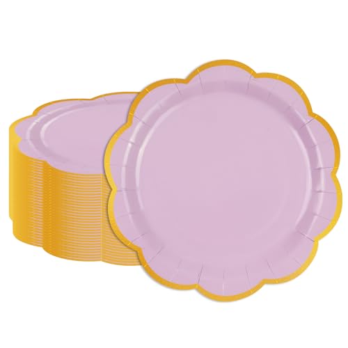 HFBOBP 50 Stück Einwegteller Violett Gold Partyteller,23CM Teller Einmalteller Einweg Geschirr,9inch Partyteller Tisch Dekorationen Partygeschirr für Hochzeit Garten Geburtstag von HFBOBP