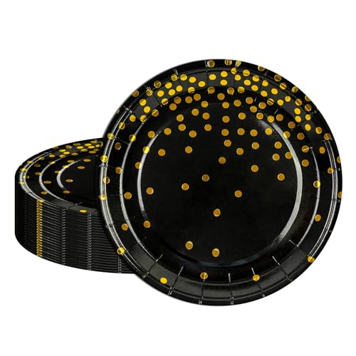 HFBOBP 50 Stück Pappteller schwarz gold, 18cm Pappteller Geburtstagspartygeschirr Partygeschirr Partyteller für Geburtstag Party Abschlussfeier, Jubiläums, Valentinstag (Schwarz Gold Dot Pappteller) HFBOBP 50 Stück Pappteller schwarz gold, 18cm Pappteller Geburtstagspartygeschirr Partygeschirr Partyteller für Geburtstag Party Abschlussfeier, Jubiläums, Valentinstag (Schwarz Gold Dot Pappteller) von HFBOBP