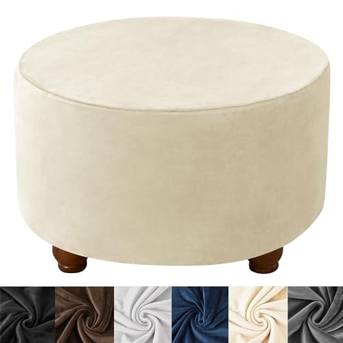 HFCNMY Runder Ottomanen-Bezug – dicker Samtbezug mit elastischer Unterseite – Beige, Größe L von HFCNMY