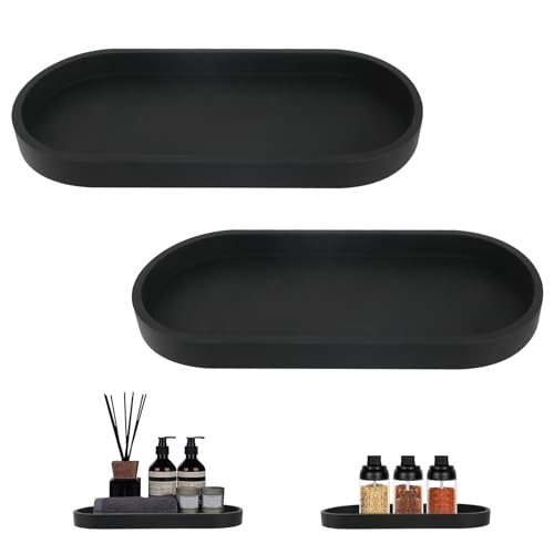 2 Stück Badezimmer Tablett Dekotablett Deko Tablett Schwarz Silikon Ablageschale Kleines Tablett für Waschtisch Badewanne Küchenspüle und Toilette (Oval) von HFDONGL