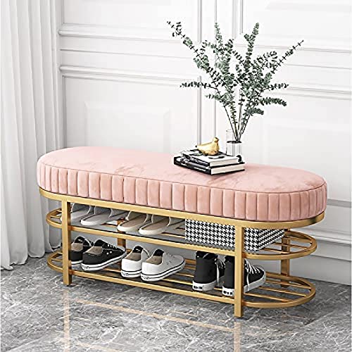 HFERTSCN Moderne Velvet -Schuhbank mit goldenem Schuhgepackung Komfortable 2 -stufige Flursitz und Lagerbank für Schuhe Pink (60x32x43 cm) FANDIAO von HFERTSCN