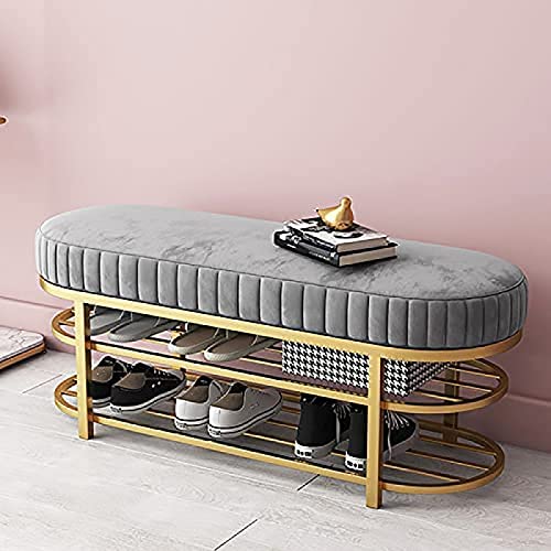 HFERTSCN Moderne graue Velvet -Schuhbank mit goldenem Schuhregal bequem 2 -stufige Schuhspeicherbank für Flur 60x32x43cm FANDIAO von HFERTSCN