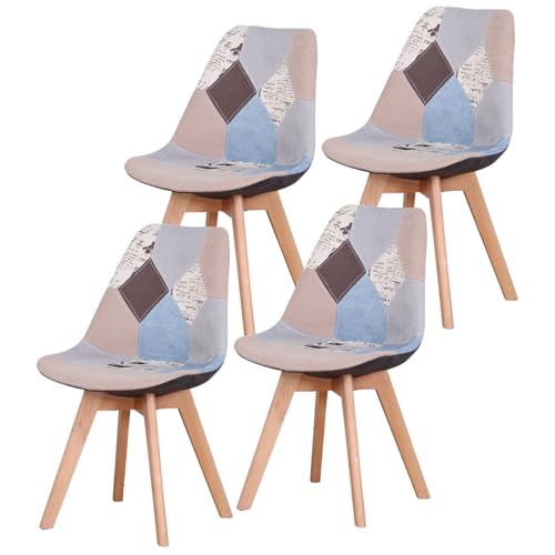 HFERTSCN Set von 4 skandinavischen Retro -Leinen Patchwork Essstühlen Polsterte Küche und Bürositze Feste Buchenholzbeine - rot FANDIAO von HFERTSCN