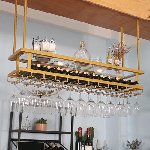 HFERTSCN Weinregal zum Aufhängen mit Licht, Weinglashalter und Regal, Einstellbarer Metallweinregal, 2 -stufige industrielle Deckenmontage, Weinregal (Gold, 80 x 30 cm) FANDIAO von HFERTSCN