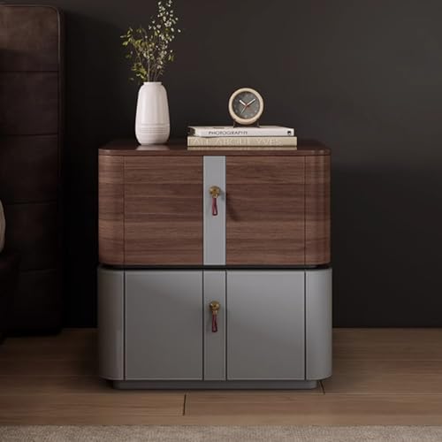 Massivholz Nachttisch mit Doppelschubladen, DREI-Abschnitten-Schubladenschienen und Ledertextur-Design, für Schlafzimmer, Wohnzimmer (Größe: 19.68 * 15,74 * 19,68in), Grau FANDIAO von HFERTSCN