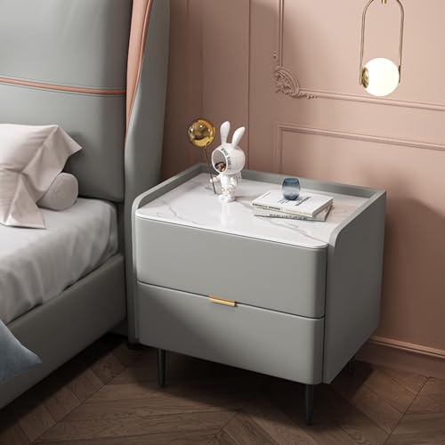 Nachttänder von Pu, Modern Wood Night Stand 2 Schubladen Kommode für Schlafzimmer, Nachttisch mit Metallbeinen und Marmortisch, Endtisch (Farbe: Hellgrau, Größe: 50 cm/19.7in) FANDIAO von HFERTSCN