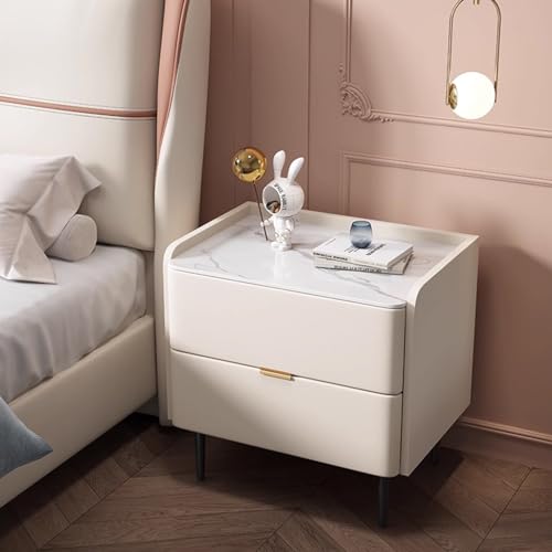 Nachttänder von Pu, Modern Wood Night Stand 2 Schubladenkommoden für Schlafzimmer, Nachttisch mit Metallbeinen und Marmortisch, Endtisch (Farbe: Off-White, Größe: 40 cm/15,7in) FANDIAO von HFERTSCN