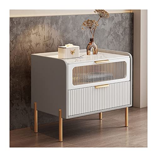 Nachttisch Nachttisch Modern Grau Nachttisch mit eleganten Felsplatte Arbeitsplatten, Nachttisch mit Glas Dekortür, Endtisch Seitentisch 2 Schichten Stauraum für Schlafzimmer, von HFERTSCN