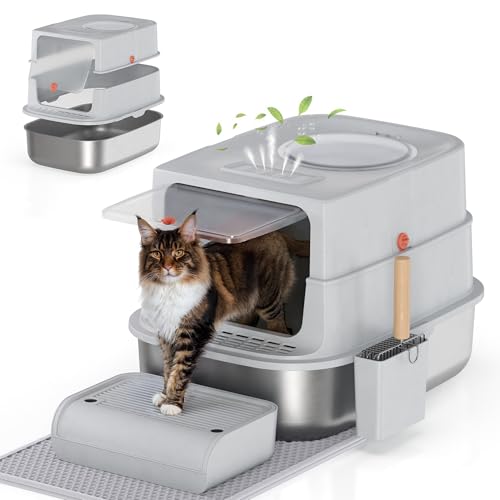 Geschlossenes Edelstahl Katzenklo mit Deckel, Geruchsfreie Katzentoilette Metall für Große Katzen, Leicht zu Reinigen Abnehmbares Metall Katzen Klo mit Metall Schaufel, Sieb-Trittbrett und Katzenmatte von HFHOME