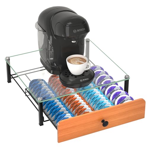 HFHOME 64 Tassimo Kapselhalter, Gehärtete Glas Kaffeekapsel Aufbewahrungsschublade, Tassimo Kaffeemaschinenständer, Antivibrationsdesign Kaffee Station Organizer von HFHOME