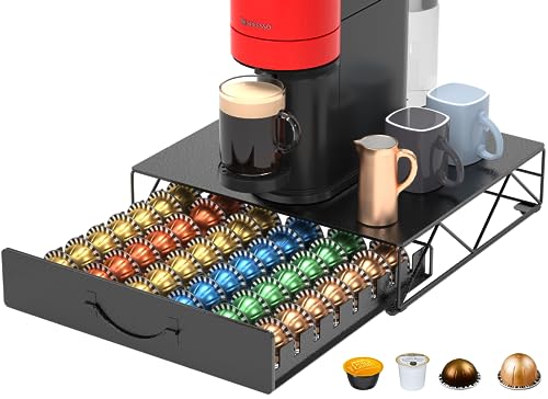 Metallischer Kaffeepadhalter für 48 Nespresso Vertuo, Tchibo Cafissimo, K-fee, ALDI Expressi, und Lavazza Kapseln - Nespresso Vertuoline Kapselschubladen Organizer und Kaffeemaschinenständer von HFHOME