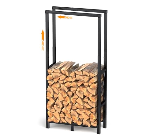 Kaminholzregal Höhen- und Längen Verstellbar für Innen & Außen, Metall Brennholzregal für Brennholz Aufbewahrung mit Rutschfester Matte, Holzregal Max. 75 x 25 x 170cm von HFHOME