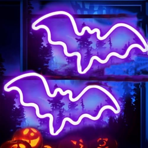 HFHungkeong Bat Neonschilder für Halloween als Wanddekoration für Schlafzimmer, Nachttisch und Wohnheim, Neonleuchtende LED Neon Fledermaus Schild als Halloween Weihnachtsfeiern Tischdeko(2 Lila) von HFHungkeong