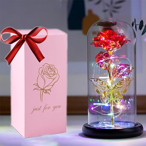 HFHungkeong Mom's Gift Galaxy Rainbow Rose Flower Artificial Flower Glass Dome Butterfly Rose Ladies Birthday Gift Girlfriend Granny Friends Sister Daughter Teacher Valentine's Day Gift von HFHungkeong